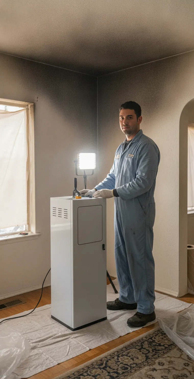 Fire and smoke damage restoration technician cleaning soot in a Los Angeles home