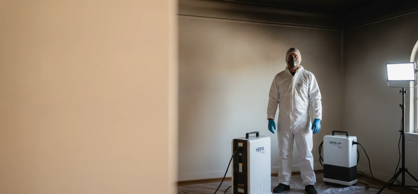 Fire and smoke damage restoration technician cleaning soot in a Los Angeles home
