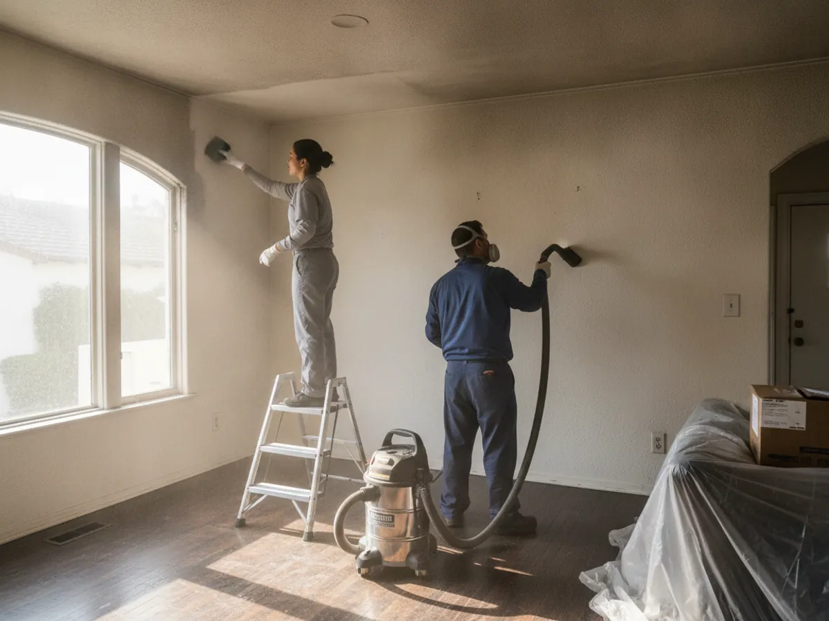Restoration crew cleaning smoke and soot in a Los Angeles home after a fire